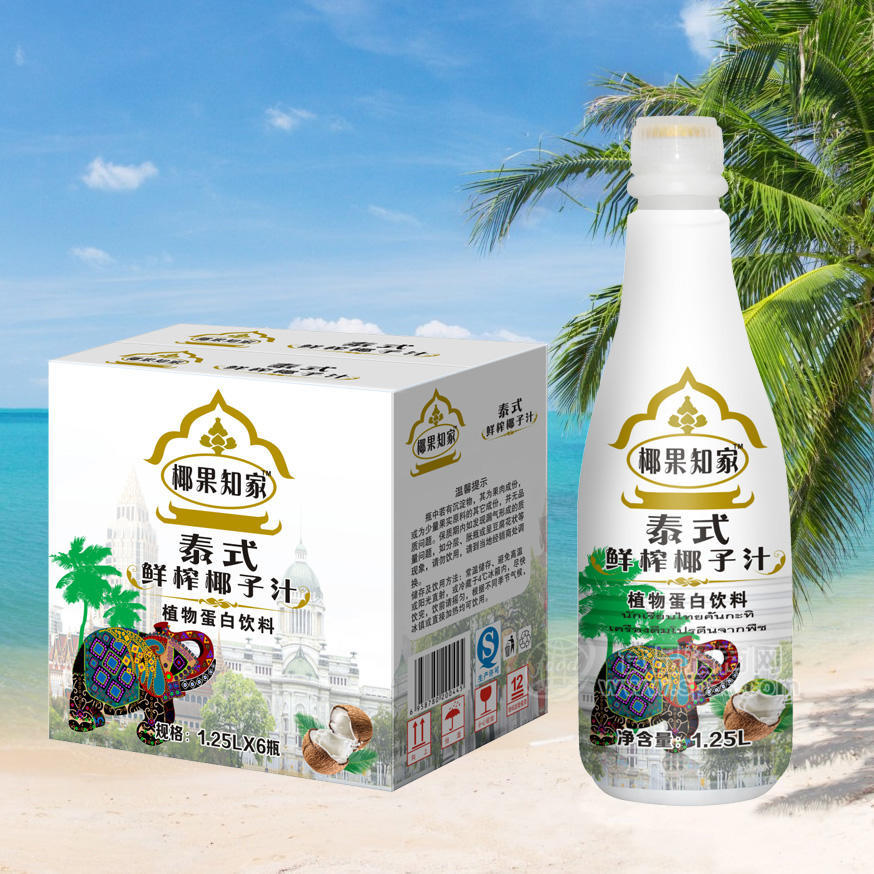 椰果知家泰式鮮榨椰子汁植物蛋白飲料1.25LX6瓶