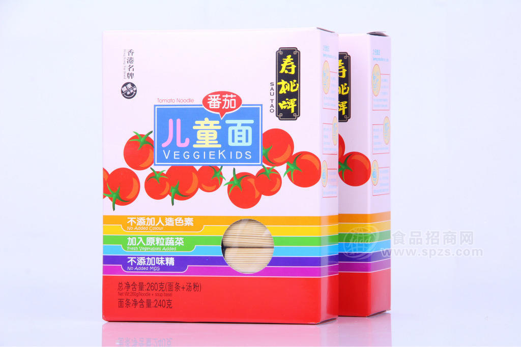 供应香港寿桃牌 儿童面/面条 番茄面 内附鲜鸡汤 无味精无色素 260g