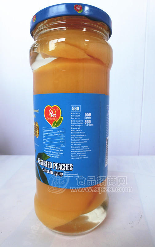 供应出口俄罗斯 黄桃半罐头 580ml 12瓶一箱