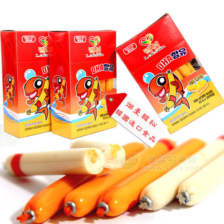 供应韩国进口零食 乐鲜鳕鱼肠 含高营养DHA 绿色健康婴幼儿食品