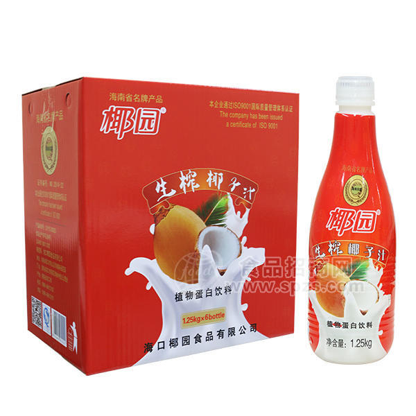 ·椰园 生榨椰子汁植物蛋白饮料1.25kgx6瓶 