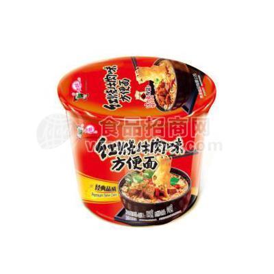 青援红烧牛肉味桶装方便面方便食品90克X12桶
