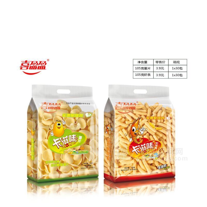 喜盈盈卡滋味虾味条、薯片非油炸膨化食品105g
