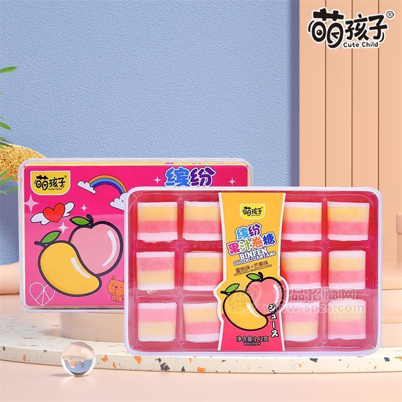 萌孩子蜜桃味芒果味缤纷果汁卷糖糖果142g