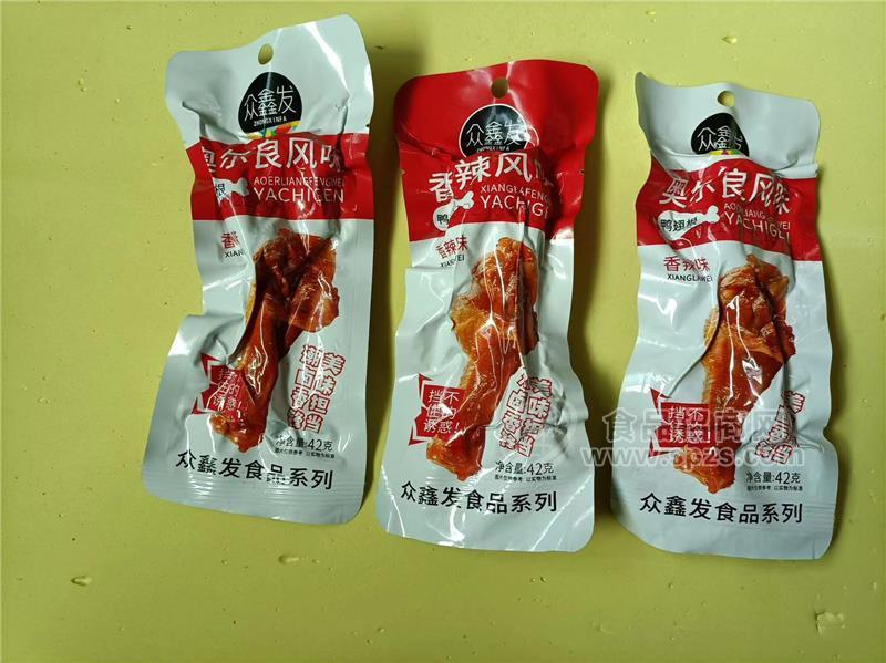 眾鑫發(fā)奧爾良風(fēng)味鴨翅根香辣味42g休閑肉制品零食獨(dú)立包裝