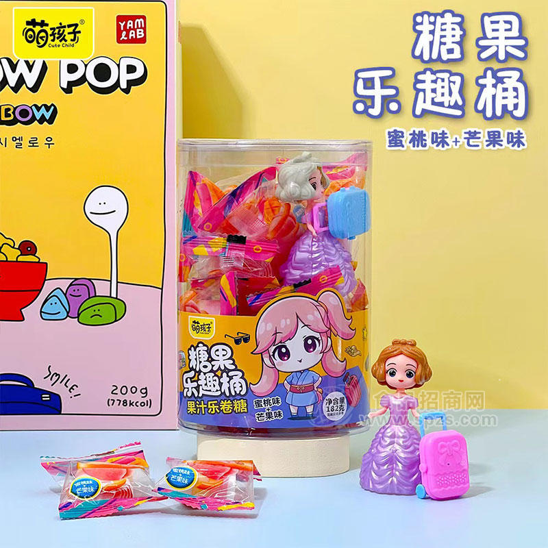 萌孩子糖果乐趣桶果汁乐卷糖蜜桃味+芒果味182g