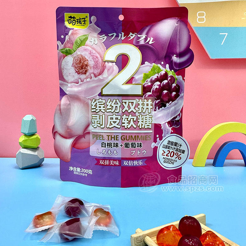 萌孩子缤纷双拼剥皮软糖白桃味+葡萄味200g