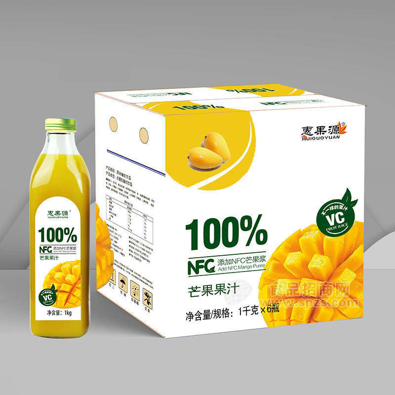 惠果源NFC鮮榨果汁100%芒果果汁飲料1kgx6瓶