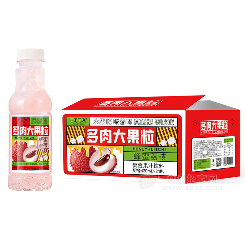 浩明元汽蜂蜜荔枝多肉大果粒復(fù)合果汁飲料箱裝招商420ml