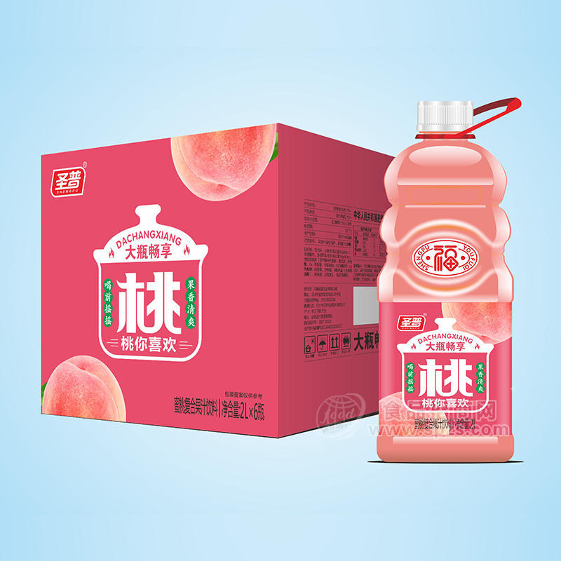 圣普蜜桃復合果汁飲料大瓶果汁果肉果汁2LX6瓶