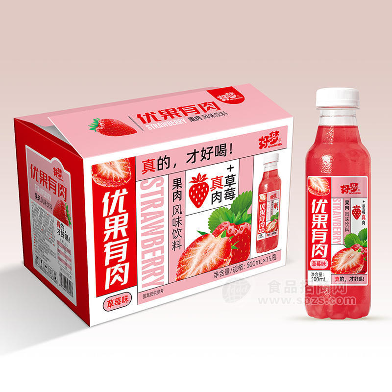 好夢(mèng)優(yōu)果有肉草莓味風(fēng)味飲料箱裝招商500ml×15瓶