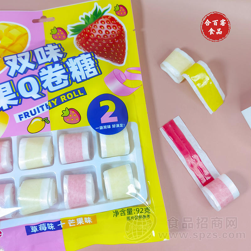 百客食双味果Q卷糖草莓味+芒果味零食糖果袋装招商92克