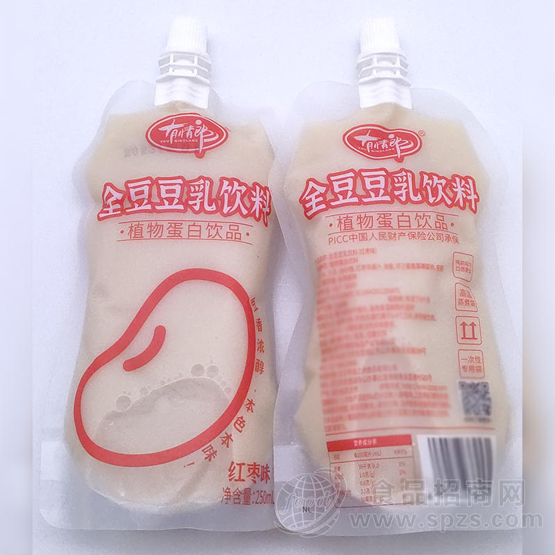 有情郎全豆豆乳饮料红枣味植物蛋白饮品袋装招商250ml