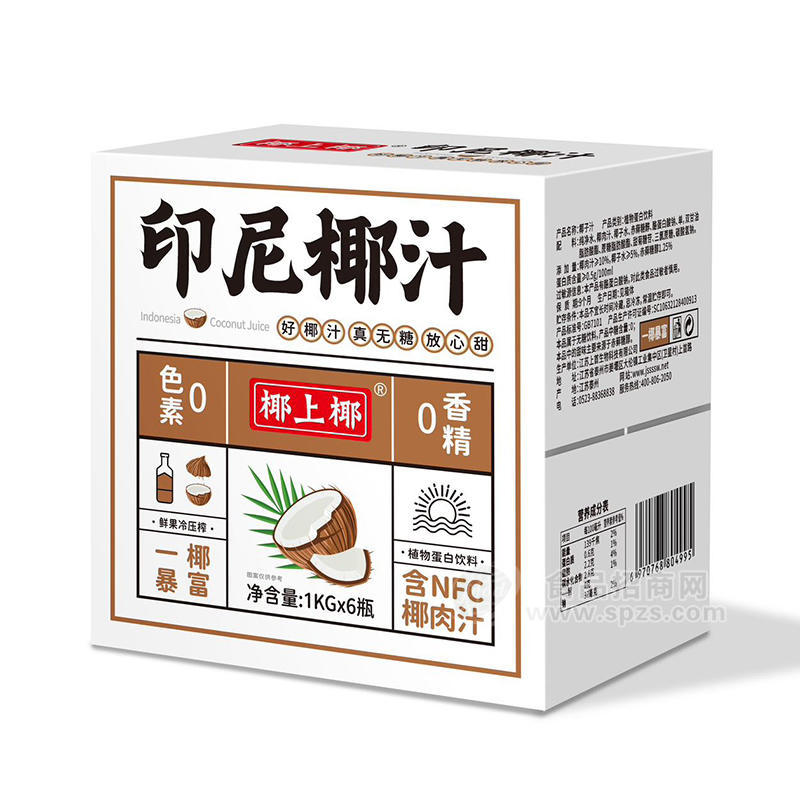 椰上椰椰汁飲料0色素0香精箱裝招商1KG×6瓶