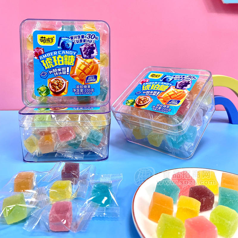 萌孩子琥珀糖混合水果糖凝胶糖果盒装厂家直招100g