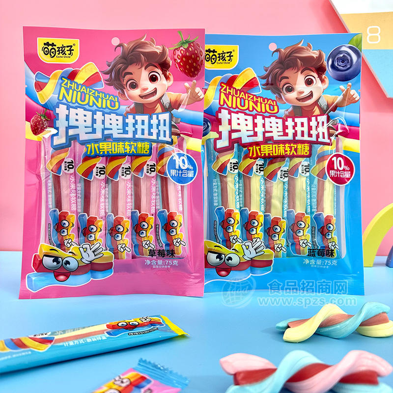 萌孩子拽拽扭扭水果味软糖袋装招商75g