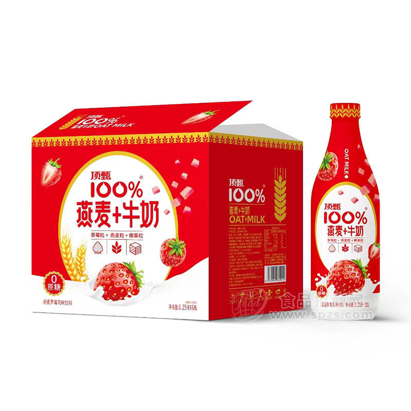 顶甄100%草莓味燕麦牛奶椰果乳饮料箱装1.25L×6瓶 