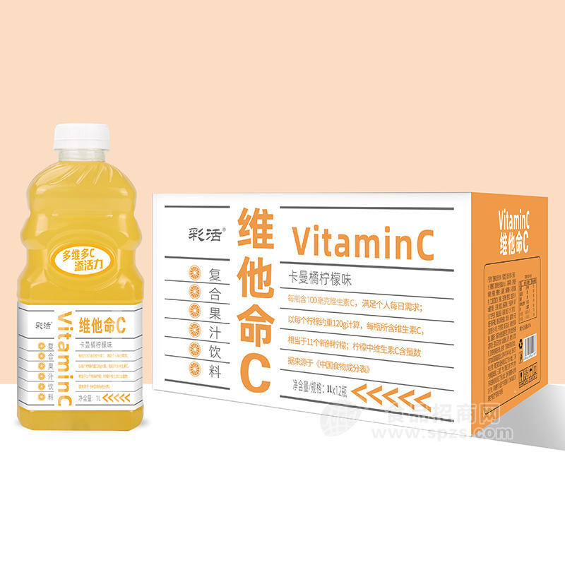 彩活维他命C柠檬味复合果汁饮料箱装招商1L×12瓶维他命果汁