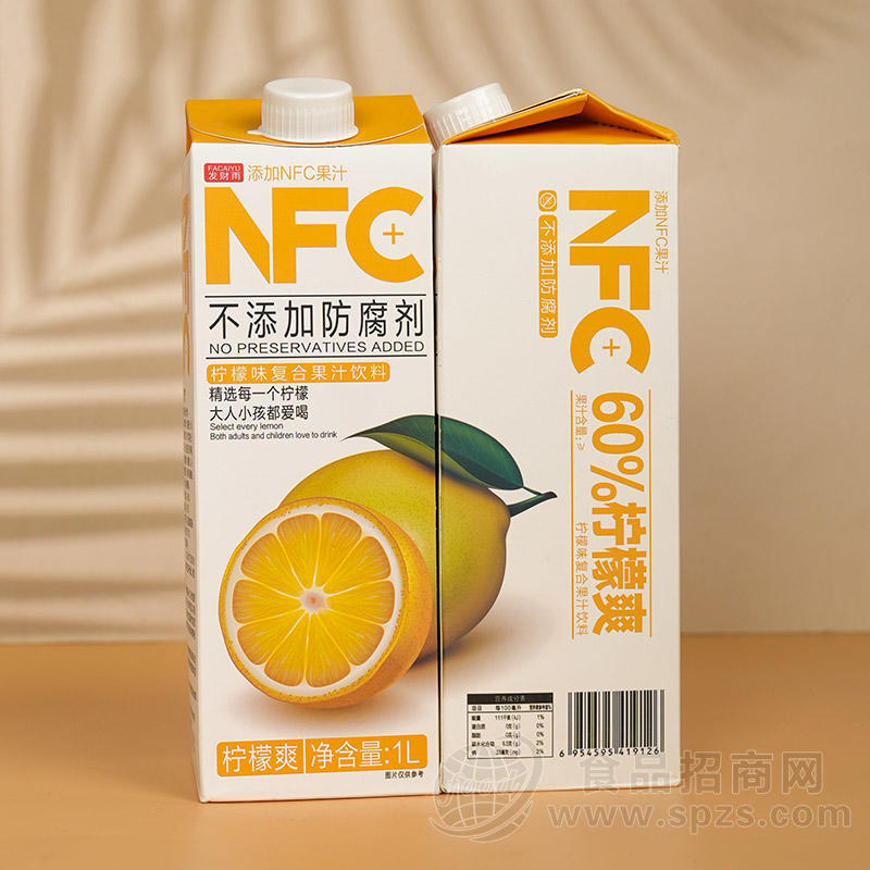 发财雨NFC柠檬味复合果汁饮料屋顶盒装招商1L