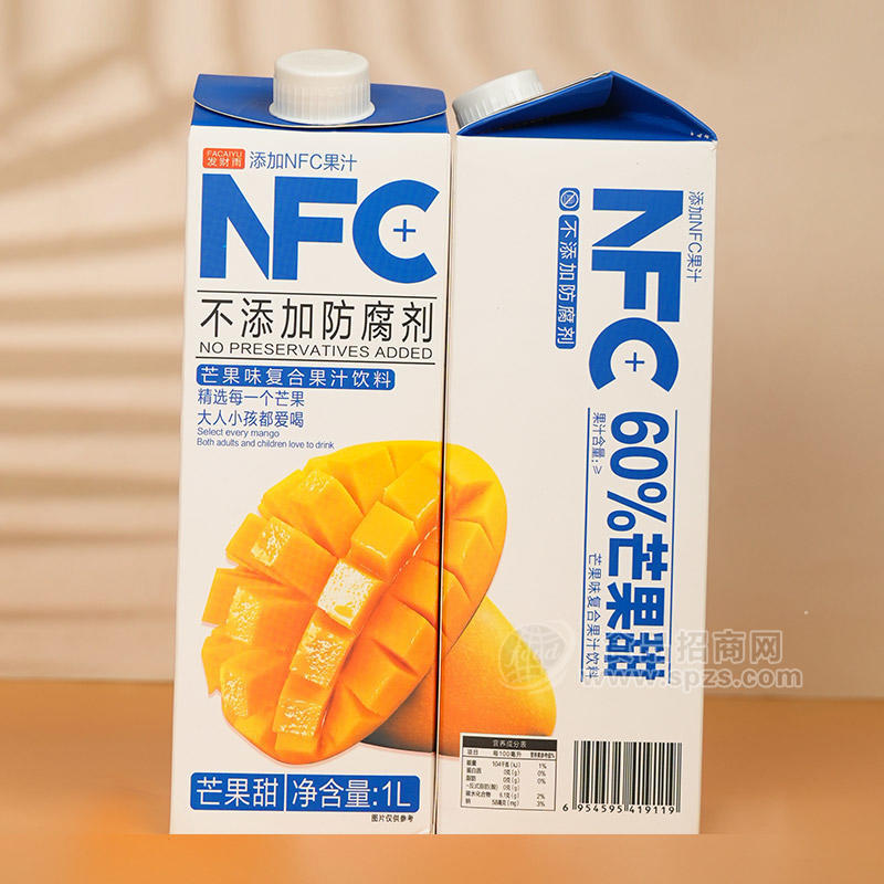 發(fā)財(cái)雨NFC芒果味復(fù)合果汁飲料屋頂盒裝招商1L