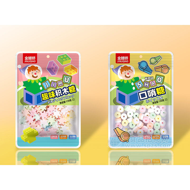 金鲤桥积木糖口哨糖压片糖果系列休闲零食袋装招商130g
