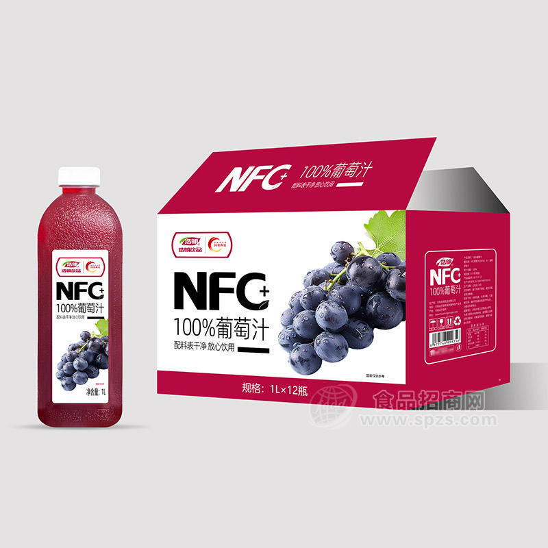 浩明NFC+100%葡萄汁果汁飲料箱裝招商1L×12瓶