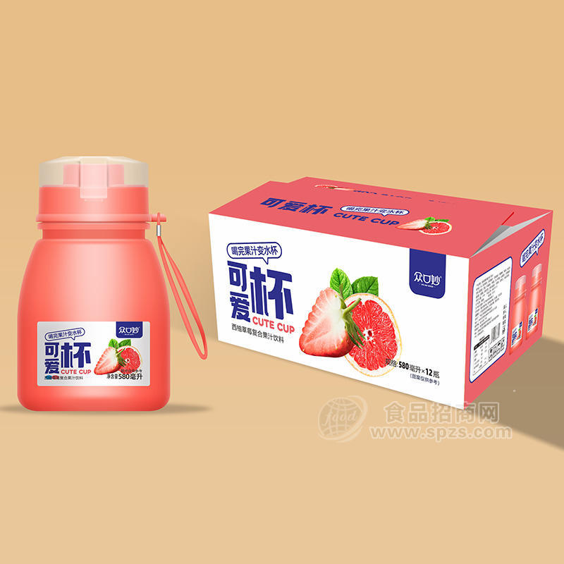 众口妙可爱杯西柚草莓复合果汁饮料箱装招商580ml×12瓶