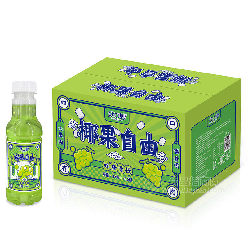 眾口妙椰果自由蜂蜜青提椰果復(fù)合果汁飲料箱裝450ml×15瓶