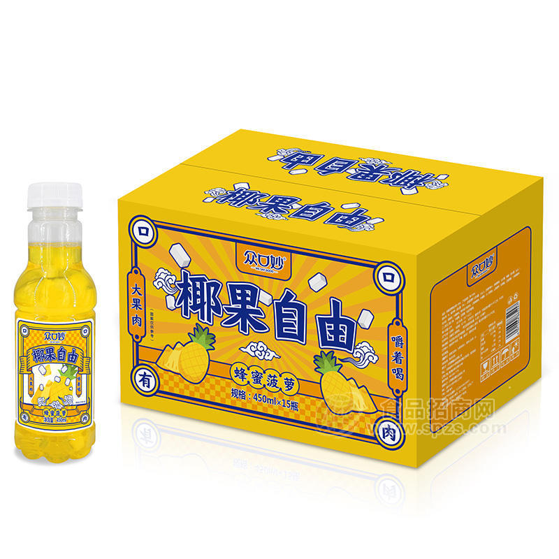 众口妙椰果自由蜂蜜菠萝椰果复合果汁饮料箱装450ml×15瓶