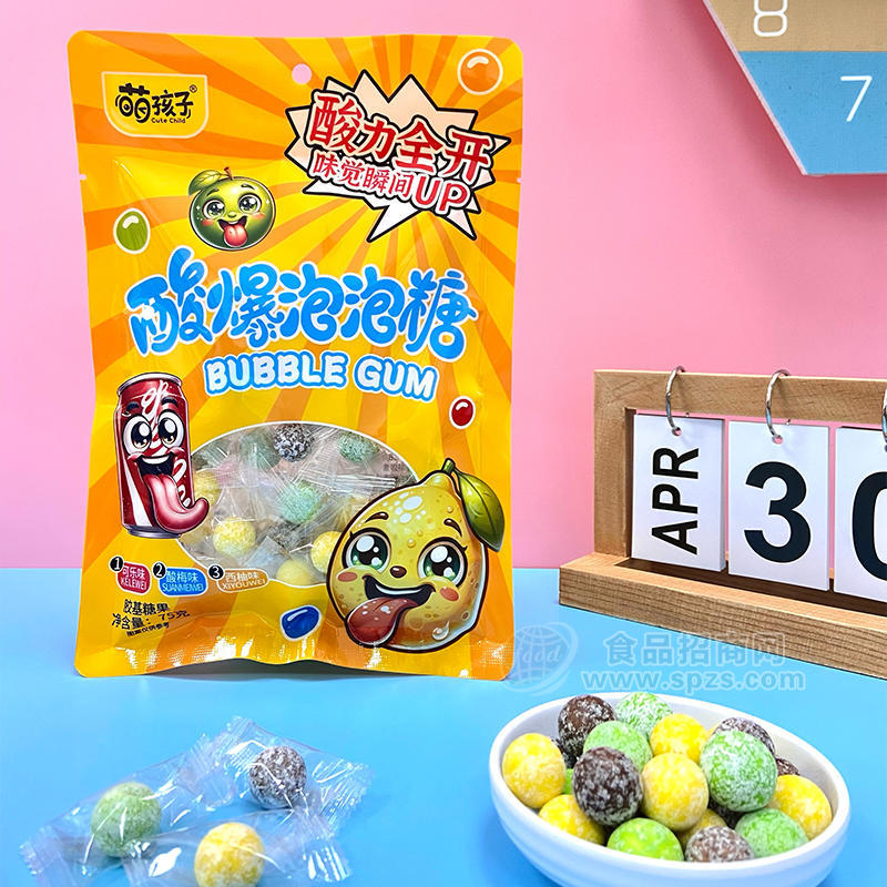 萌孩子酸爆泡泡糖可乐味酸梅味西柚味胶基糖果袋装招商75g
