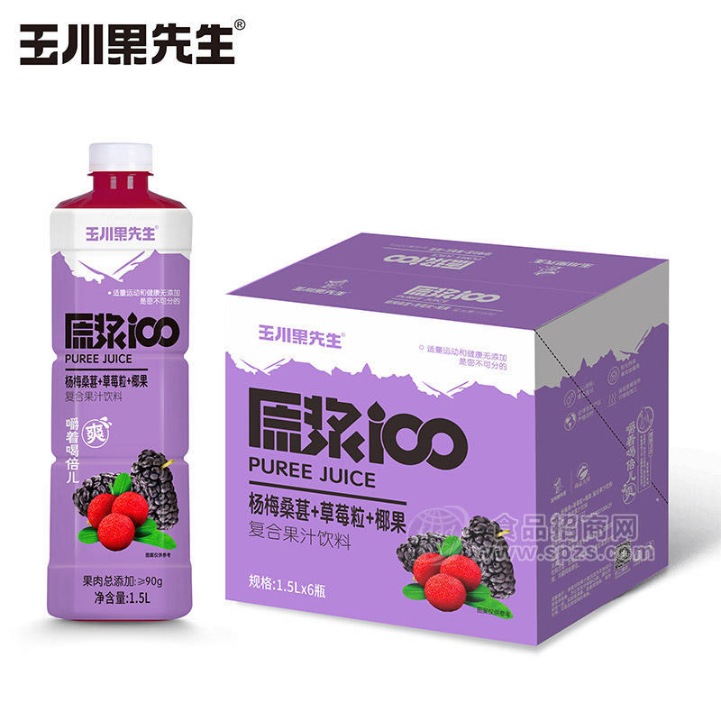 玉川果先生楊梅桑葚+草莓粒+椰果復合果汁飲料箱裝招商1.5L