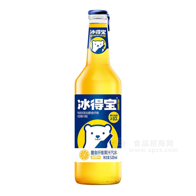 冰得寶甜橙味膳食纖維果汁汽水瓶裝招商520ml