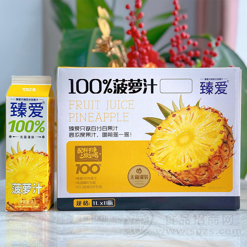 臻爱无菌灌装100%菠萝汁果汁饮料1Lx8瓶