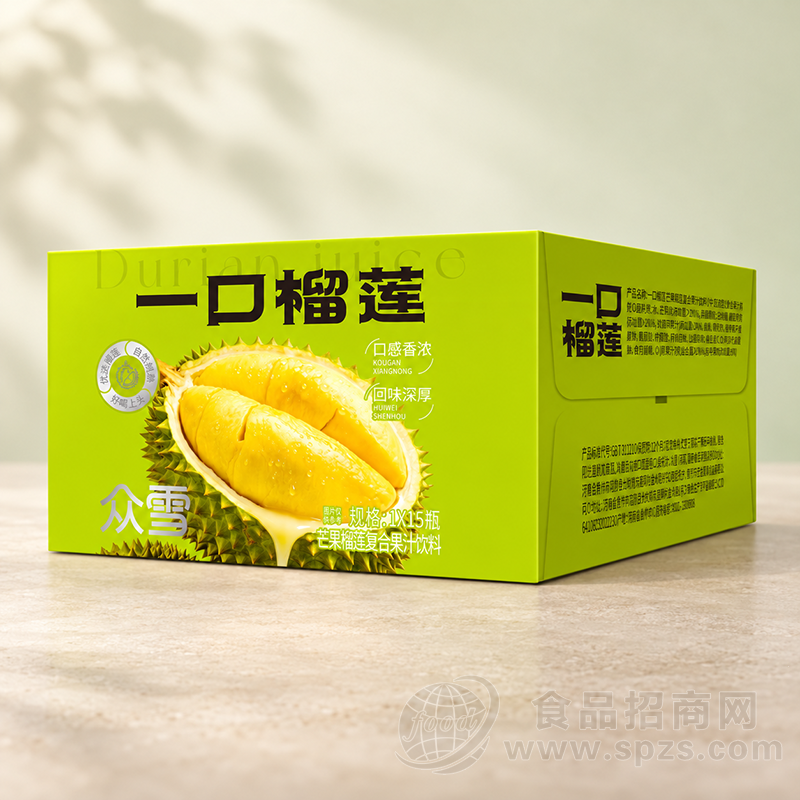 众雪一口榴莲芒果榴莲复合果汁饮料15瓶箱装